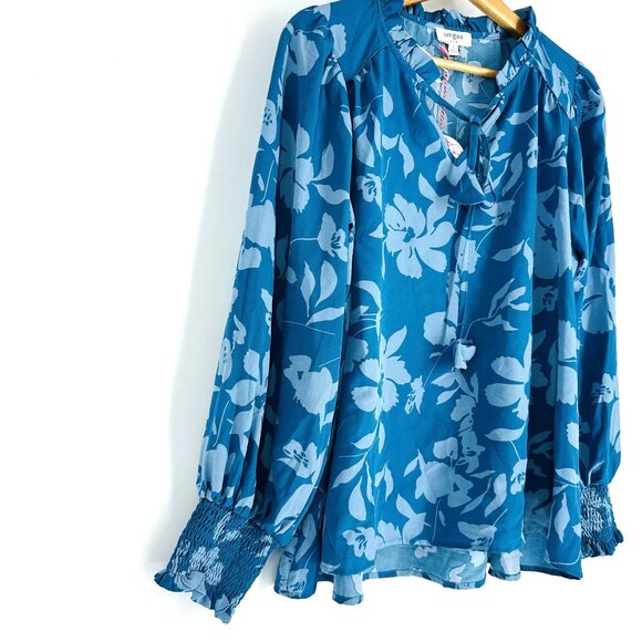 Umgee Blue Teal Floral Notch Neck Balloon Sleeve Tassel Blouse Top New Size S - Picture 6 of 12